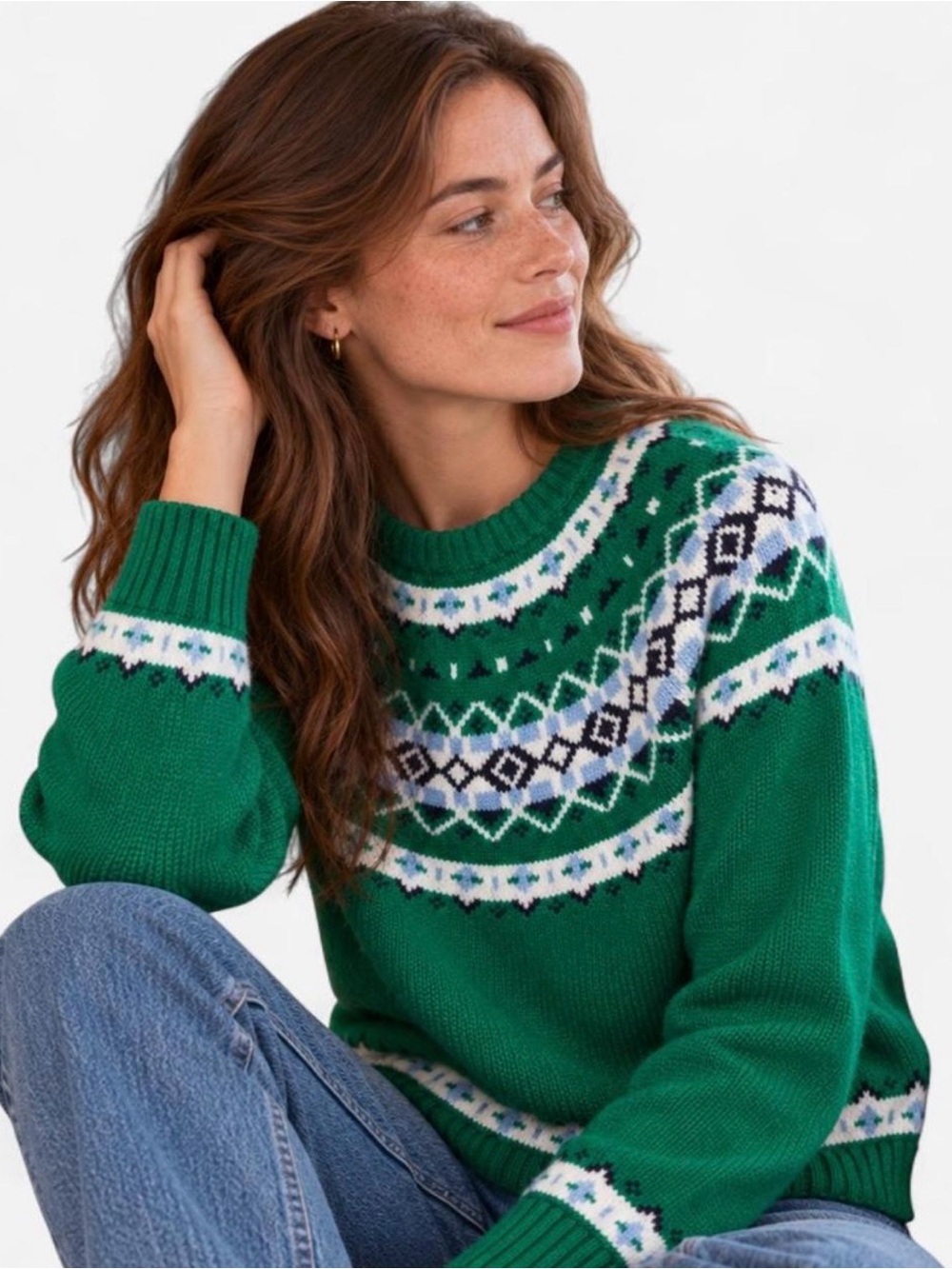 J. Crew Green Fair Isle Cotton Crewneck Sweater White Navy Accents Holiday XS